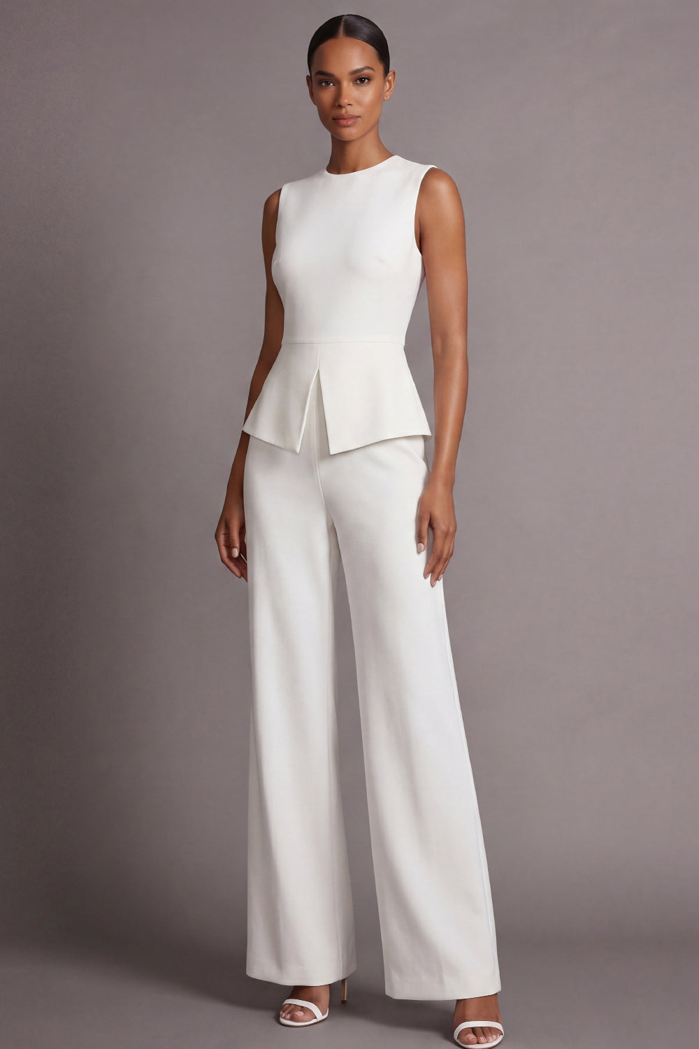 White Round Neck 2 Piece Sleeveless Work Suits