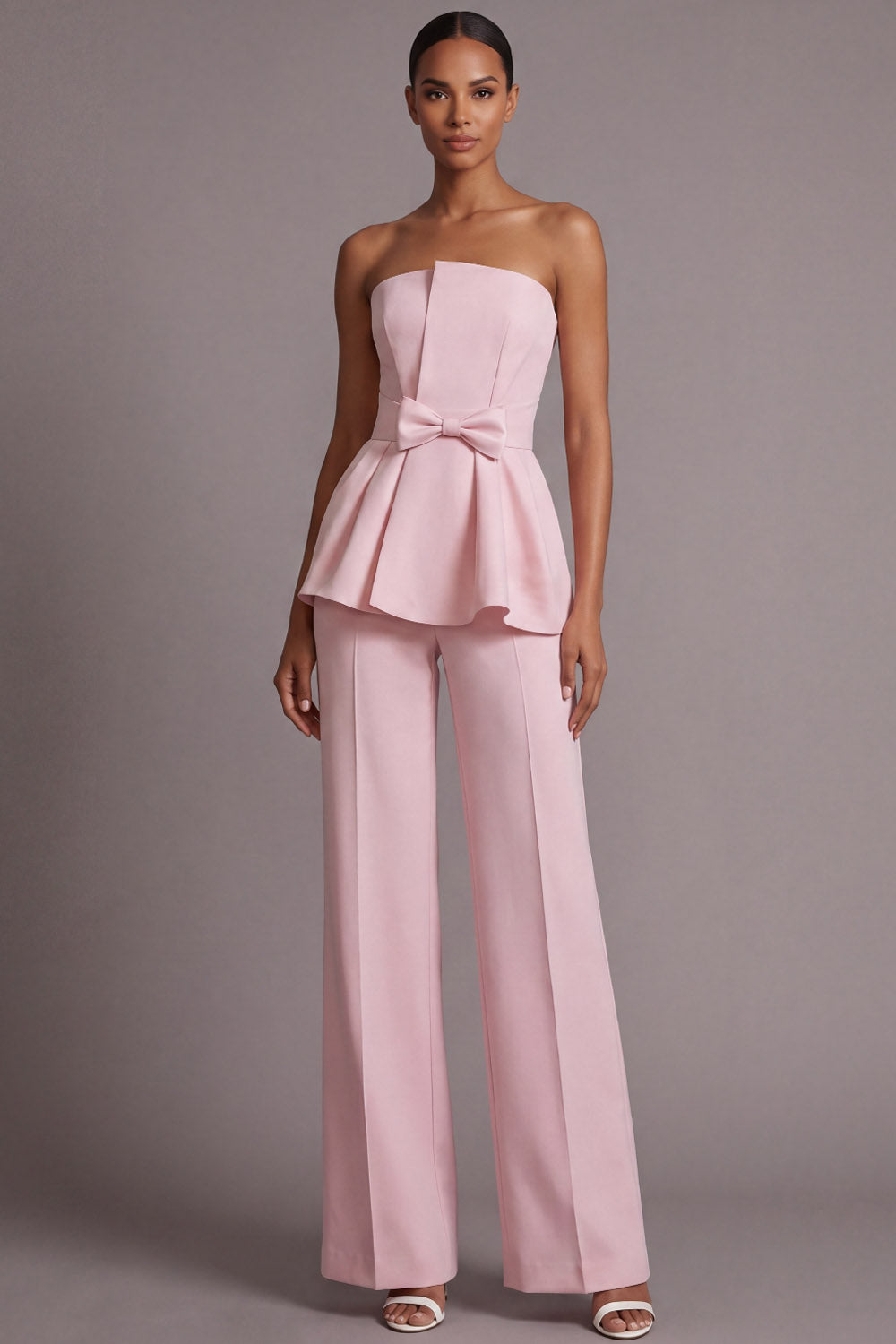 Leely Women Pink 2 Piece Sleeveless Work Suits with Bow Strapless Business Suits