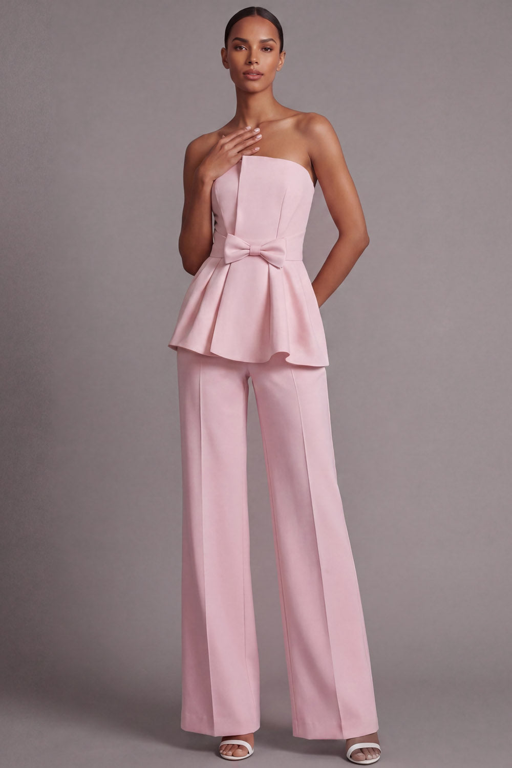 Pink 2 Piece Strapless Women's Work Suits with Bow