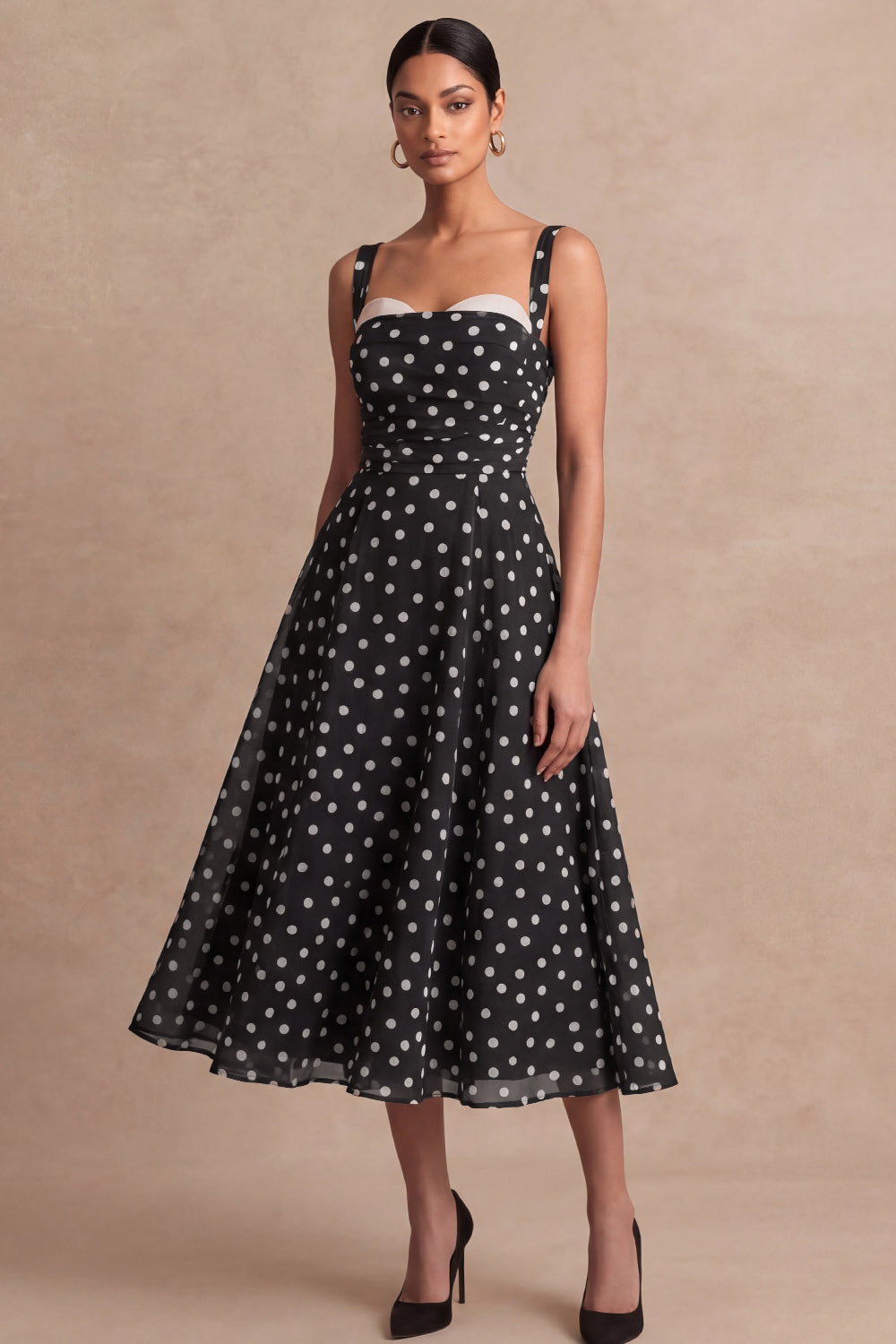 Black Ploka Dots A Line Sweetheart Midi Wedding Guest Dress