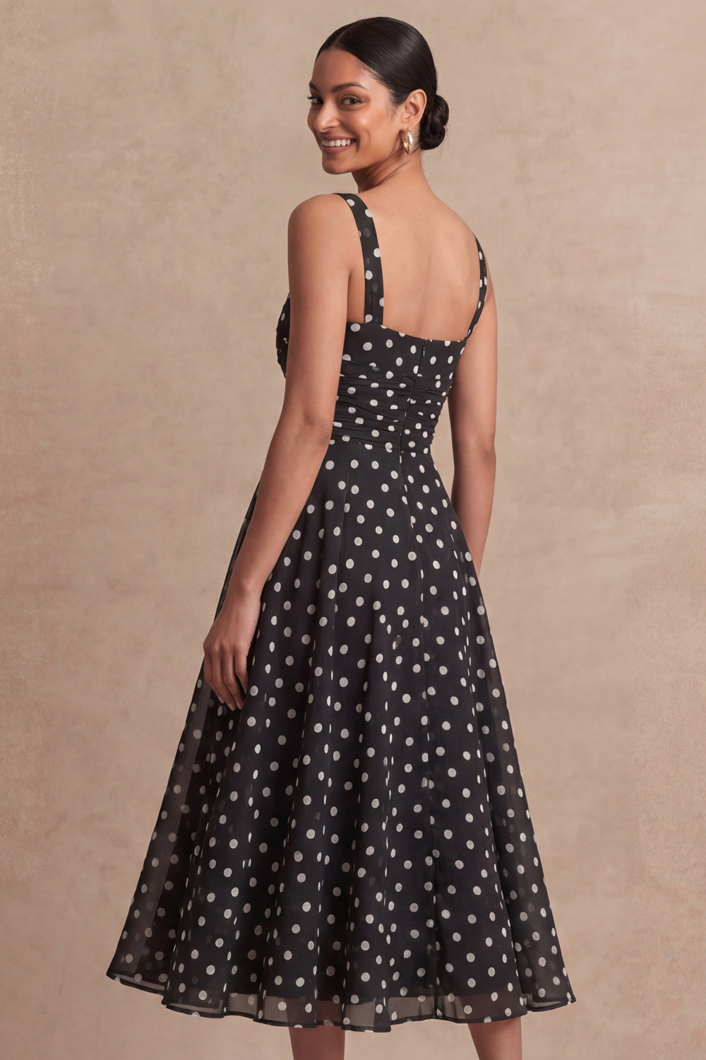 Black Ploka Dots A Line Sweetheart Midi Wedding Guest Dress