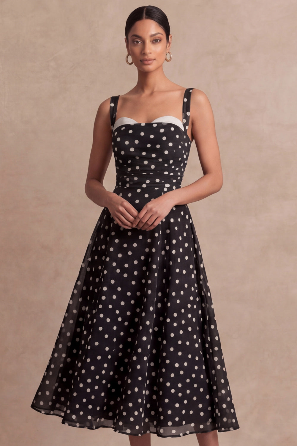 Black Ploka Dots A Line Sweetheart Midi Wedding Guest Dress