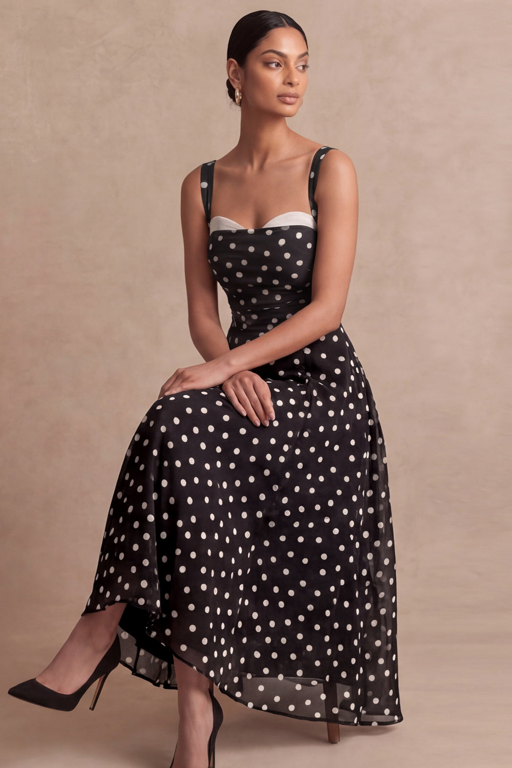 Black Ploka Dots A Line Sweetheart Midi Wedding Guest Dress