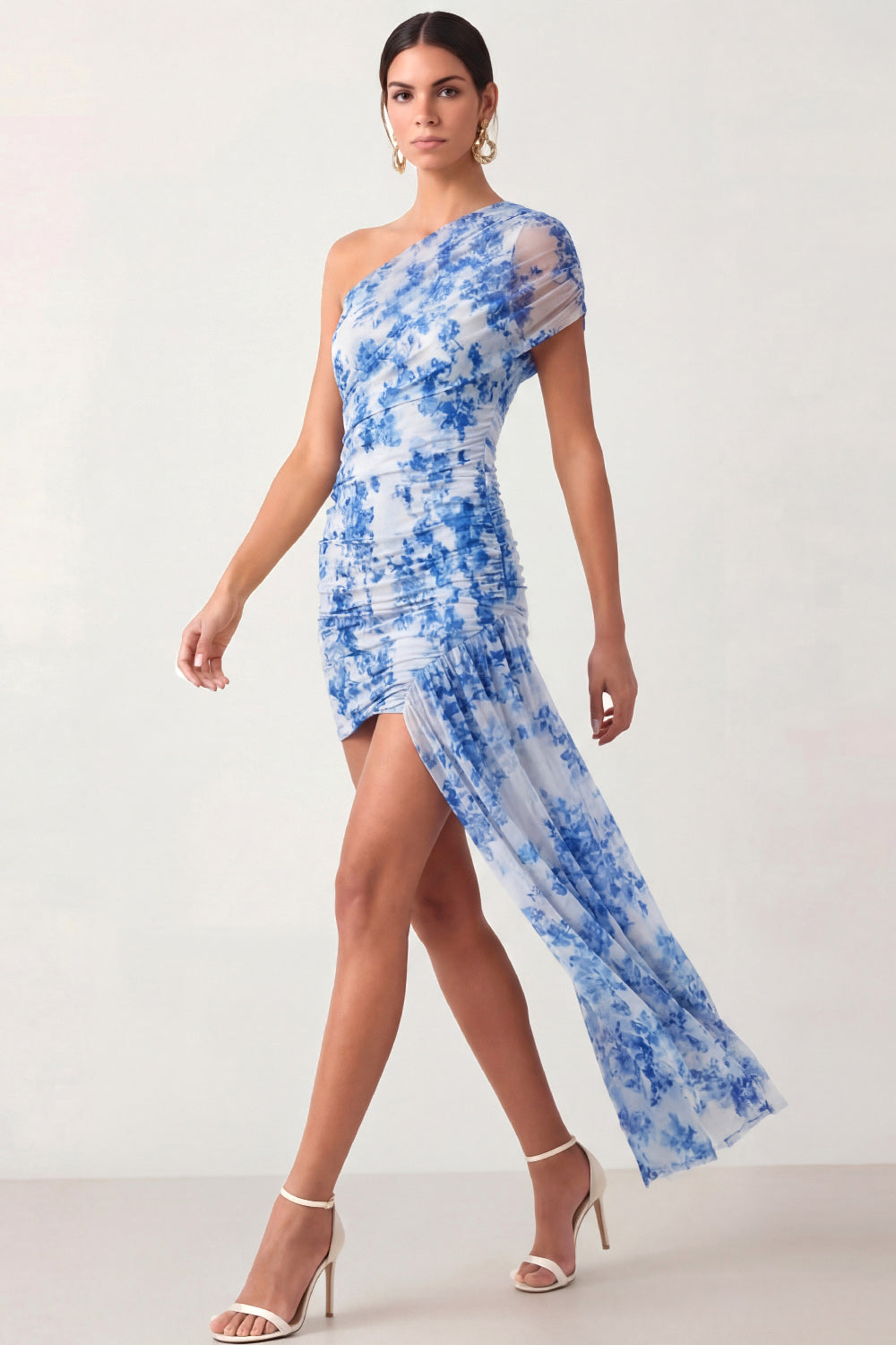 Leely Women Light Blue Floral One Shoulder Short Wedding Guest Dress Backless Sleeveless Bodycon Formal Dress