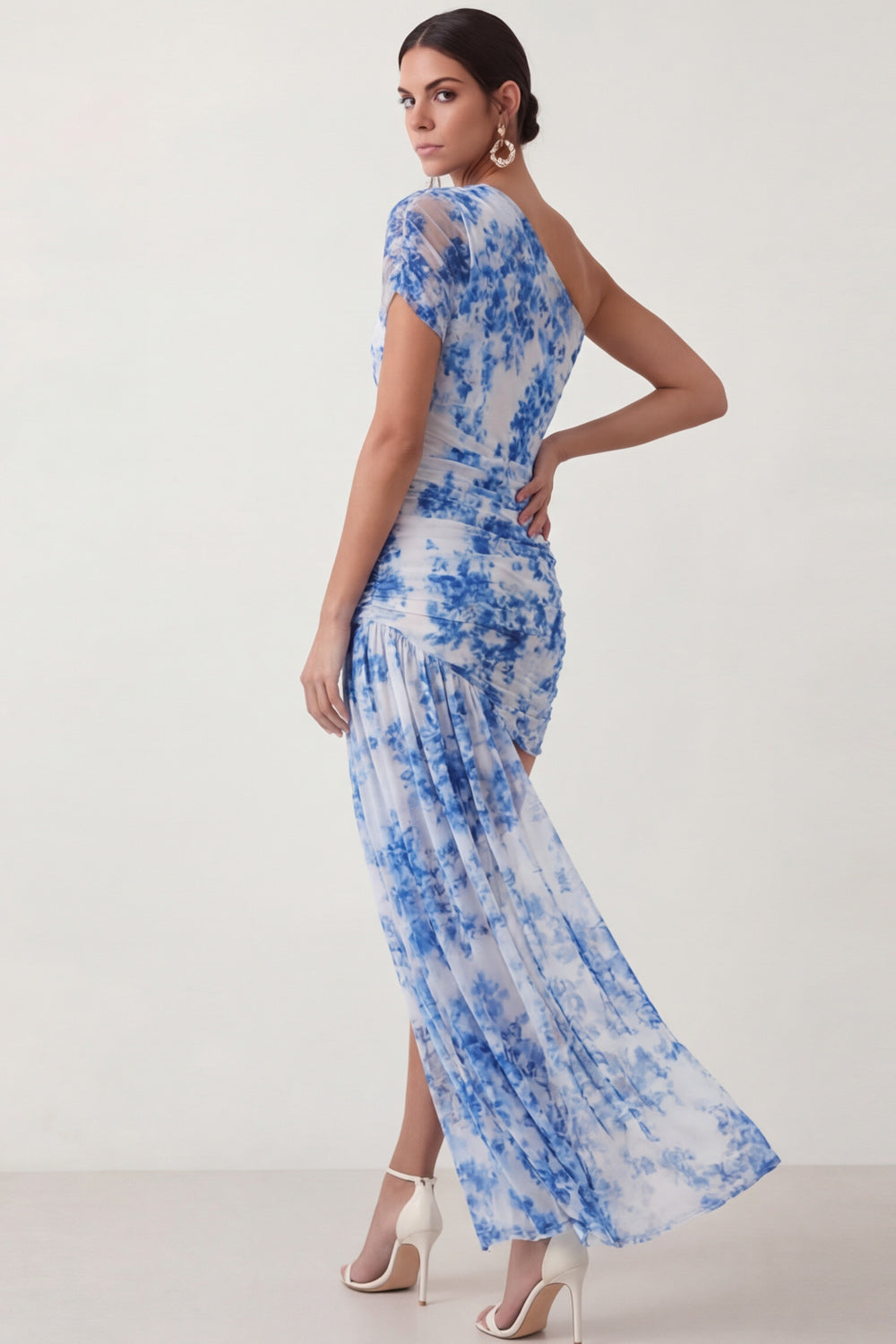 Light Blue Floral One Shoulder Short Wedding Guest Dress