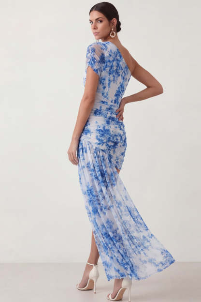 Light Blue Floral One Shoulder Short Wedding Guest Dress