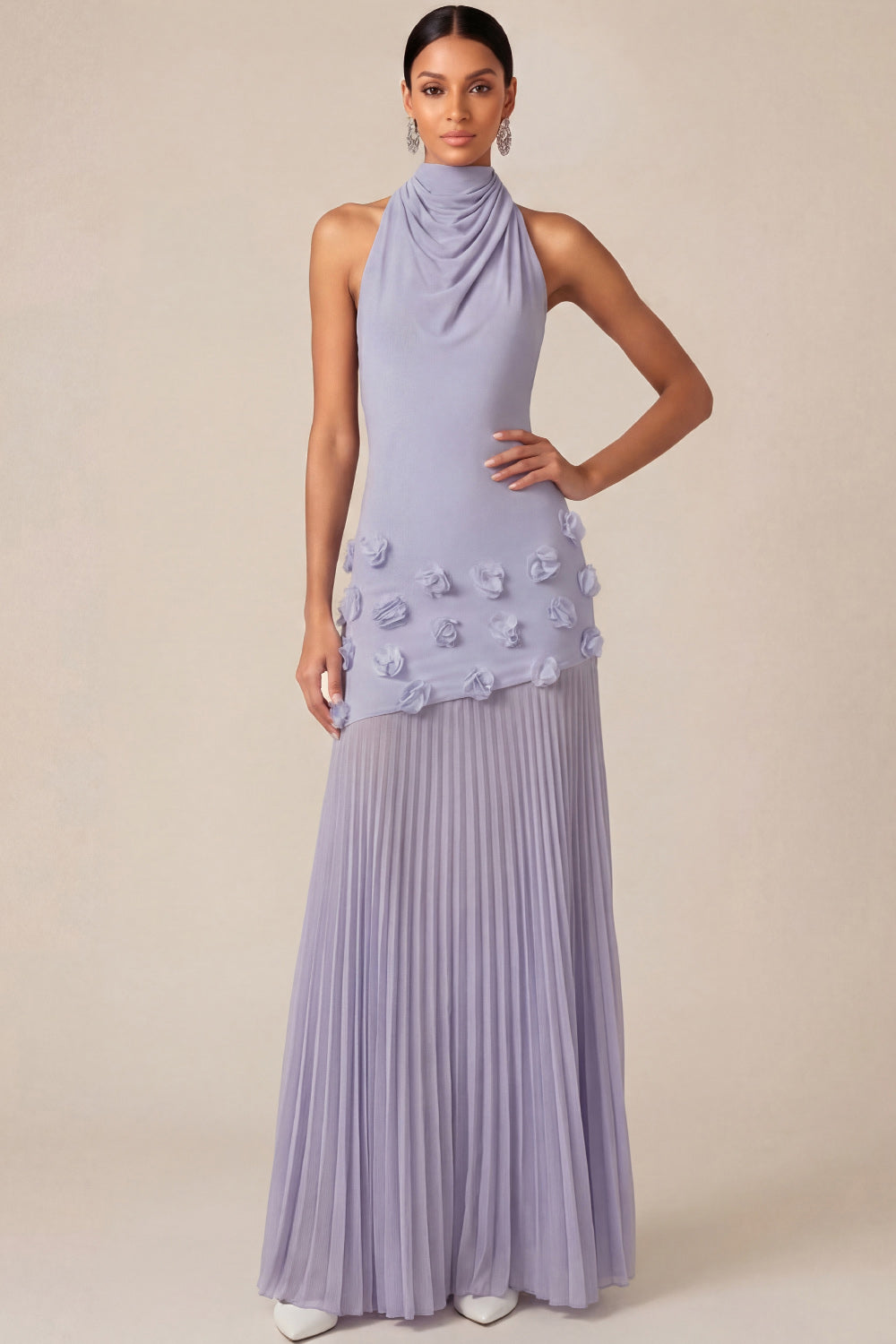 Halter Neck Lilac Sheath Pleated Long Wedding Guest Dress