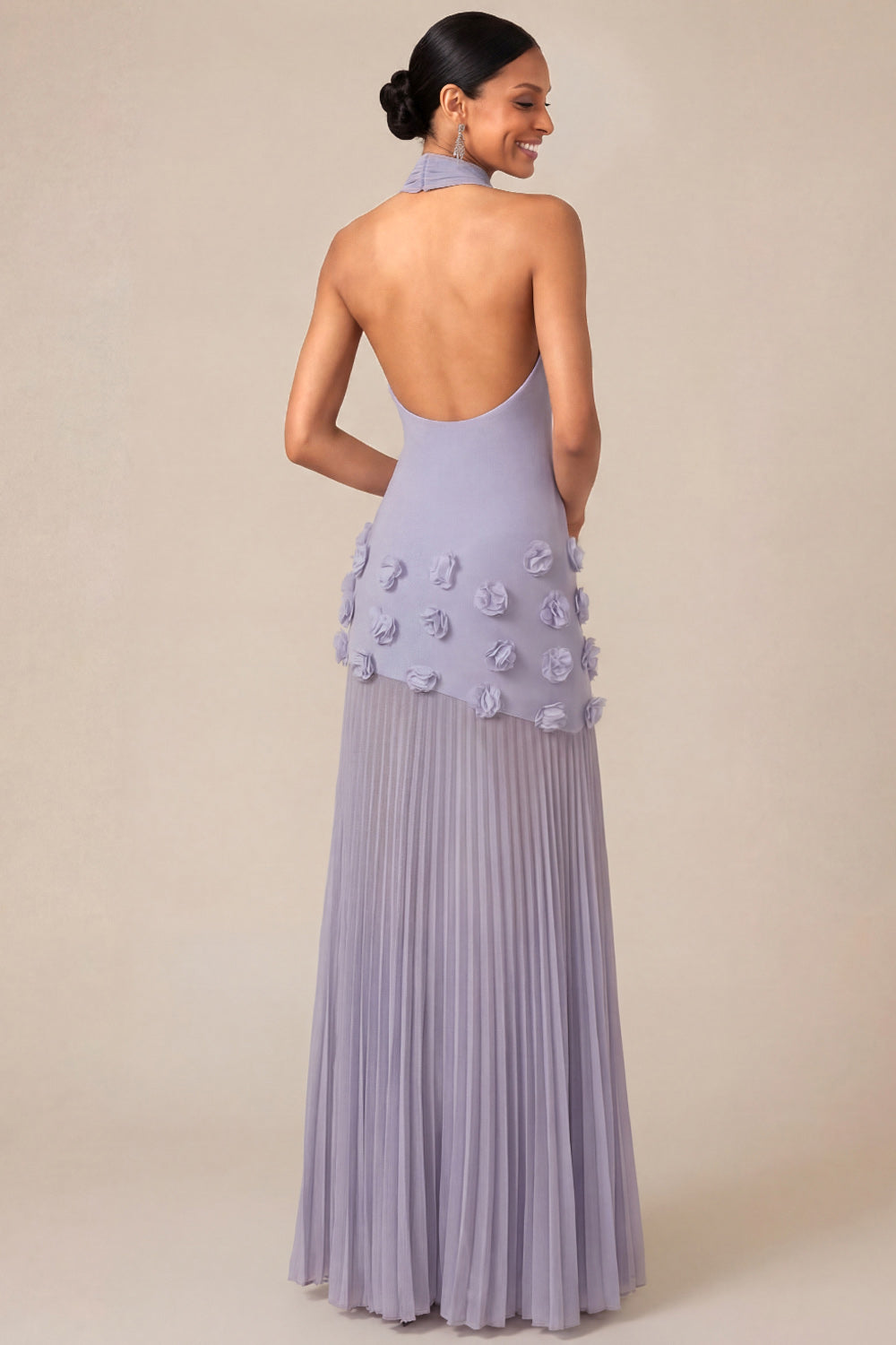 Halter Neck Lilac Sheath Pleated Long Wedding Guest Dress
