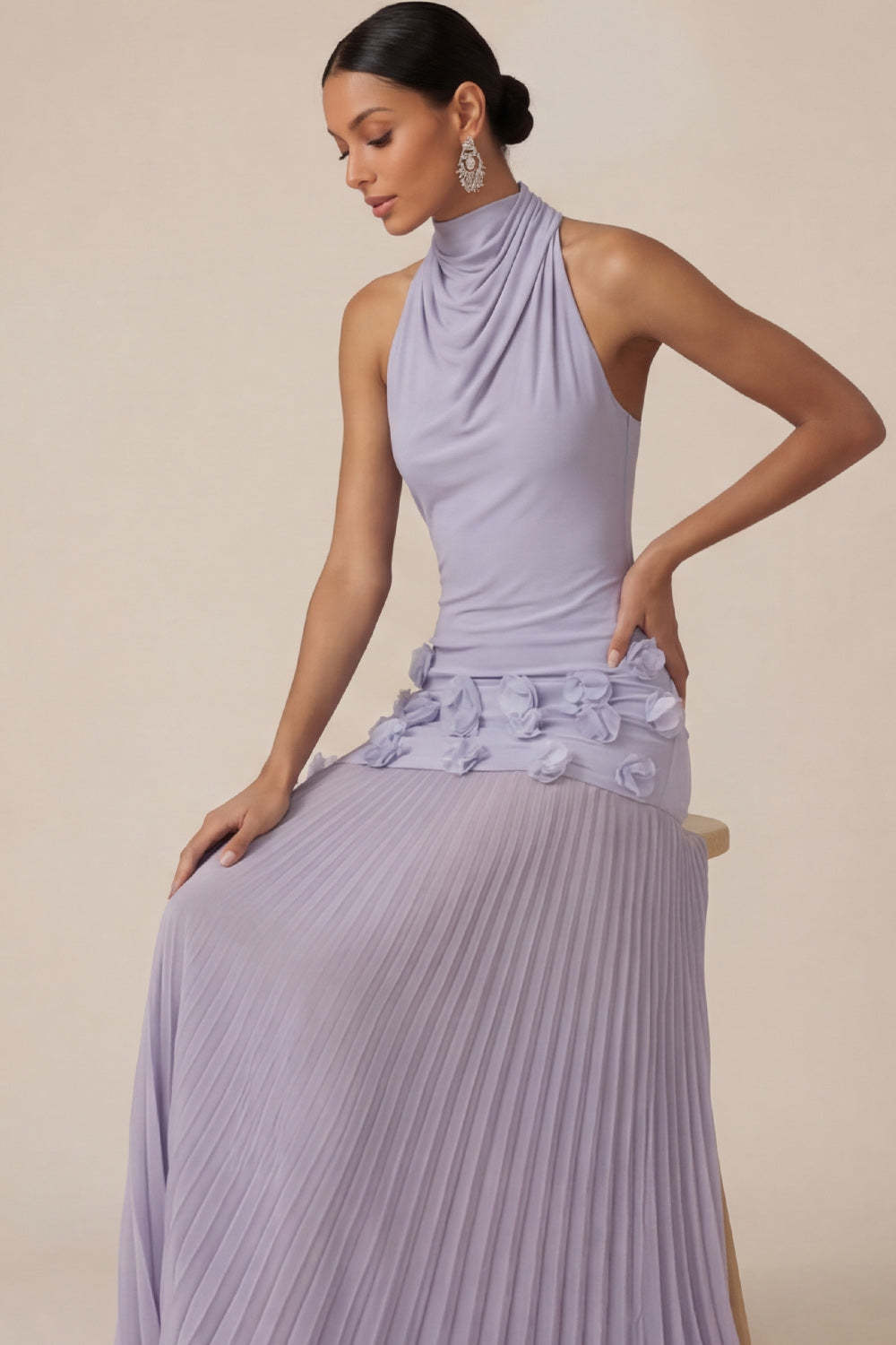 White Halter Neck Sheath Pleated Engagement Dress