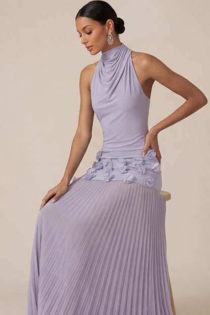 White Halter Neck Sheath Pleated Engagement Dress