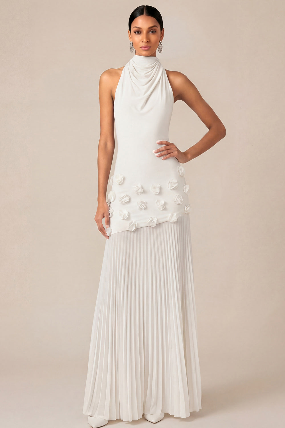 White Halter Neck Sheath Pleated Engagement Dress