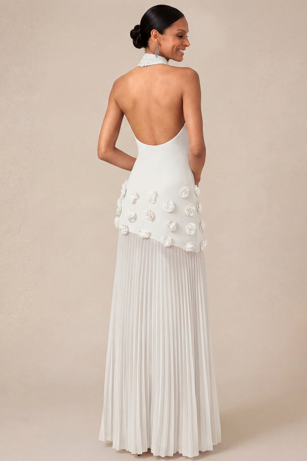 White Halter Neck Sheath Pleated Engagement Dress