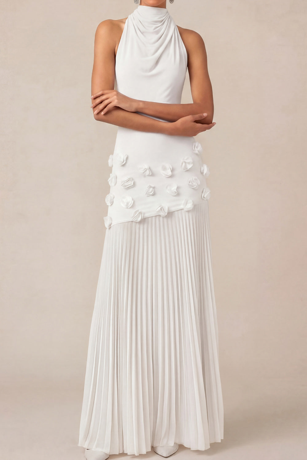 White Halter Neck Sheath Pleated Engagement Dress