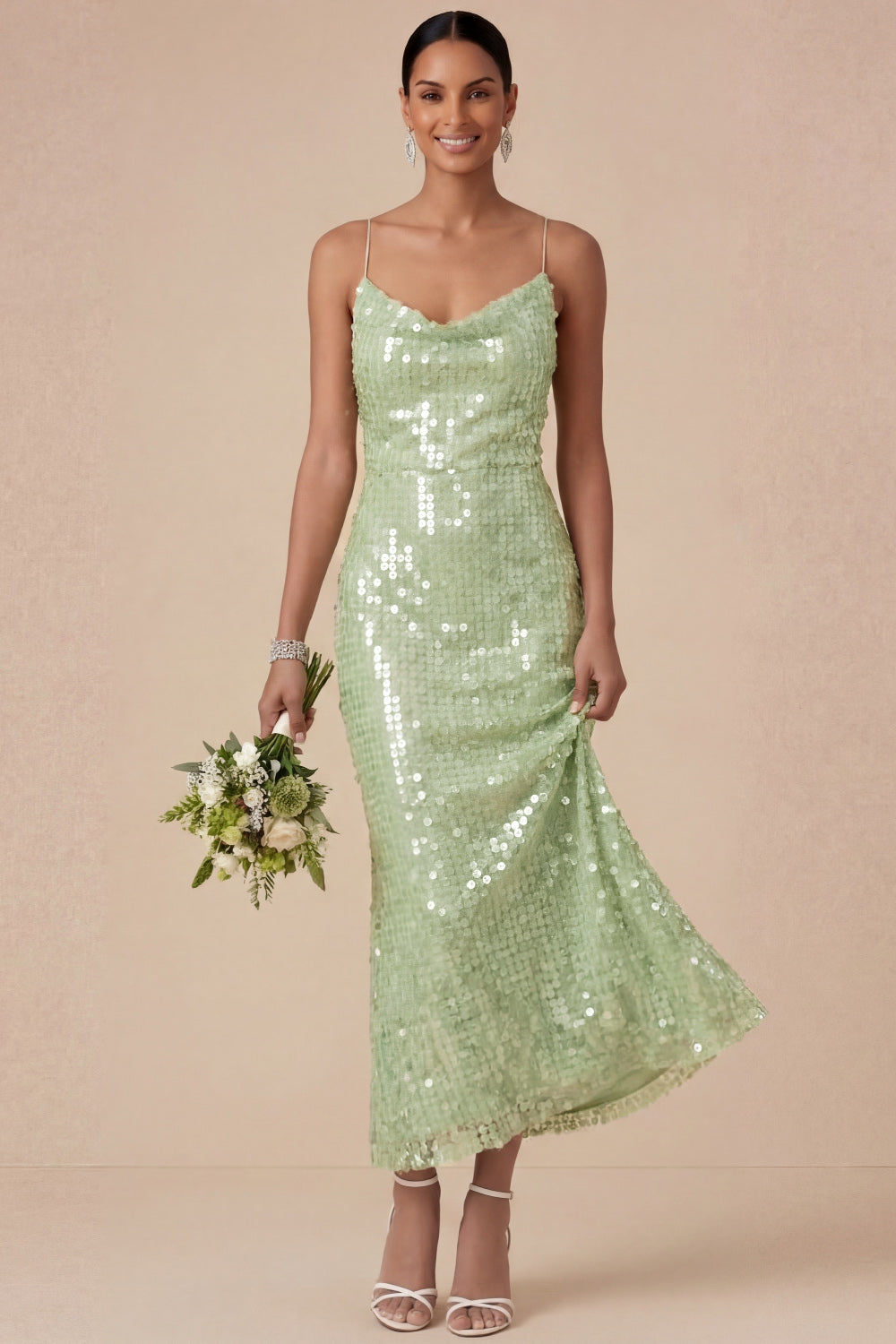 Sparkly Sequined Sheath Spaghetti Straps Mint Green Long Wedding Guest Dress