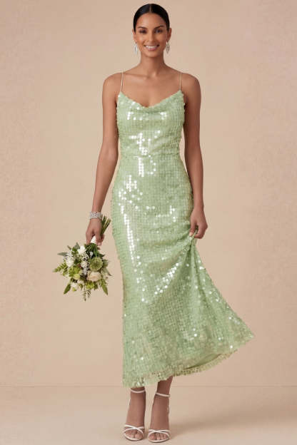Leely Women Sparkly Sequined Sheath Mint Green Long Wedding Guest Dress Spaghetti Straps Backless Sleeveless Evening Dress