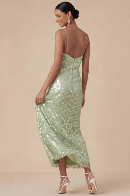 Sparkly Sequined Sheath Spaghetti Straps Mint Green Long Wedding Guest Dress