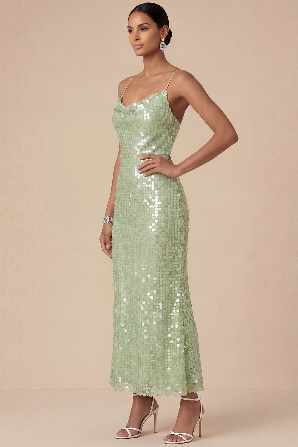Sparkly Sequined Sheath Spaghetti Straps Mint Green Long Wedding Guest Dress