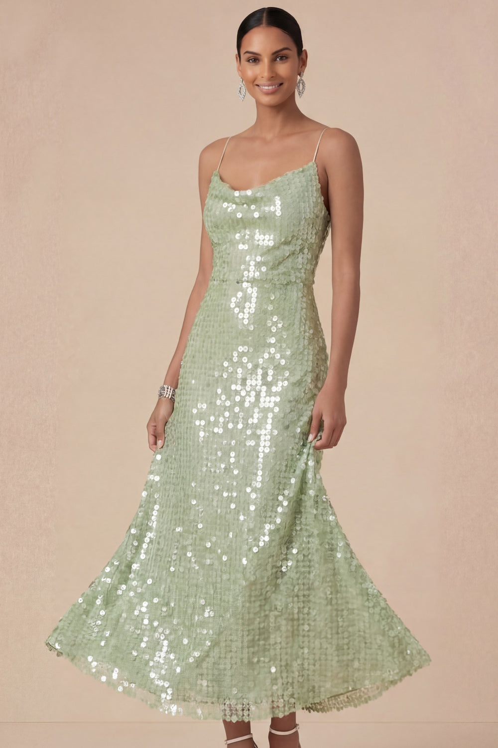 Sparkly Sequined Sheath Spaghetti Straps Mint Green Long Wedding Guest Dress