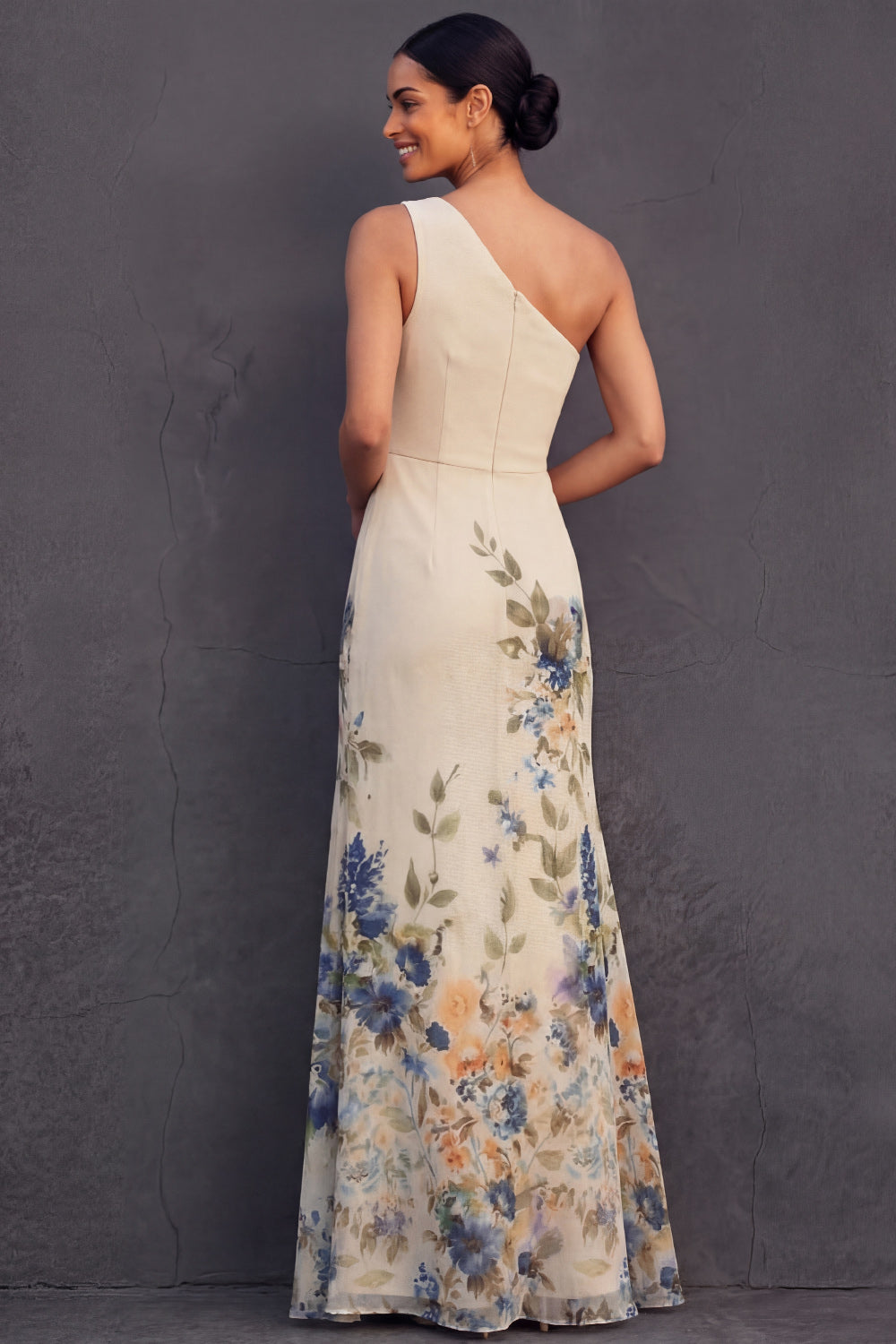 Champagne Floral One Shoulder Sheath Long Wedding Guest Dress