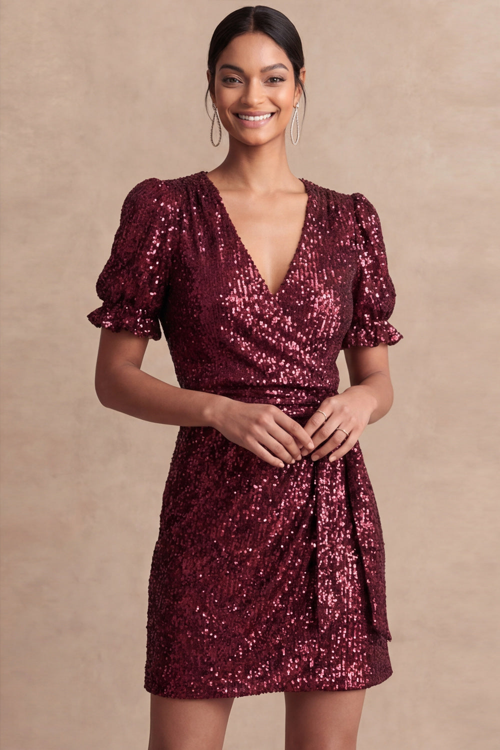 Leely Women Sparkly Burgundy Bodycon Short Summer Wedding Guest Dress V Neck Sequined Gala Dress