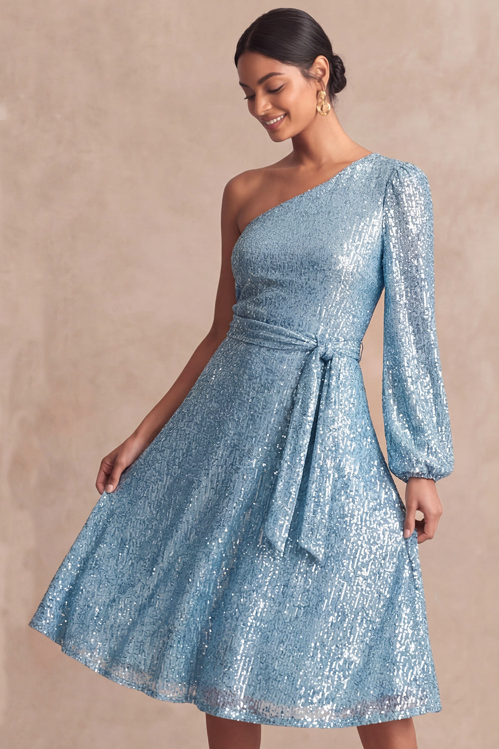 Sparkly Light Blue A Line One Shoulder Midi Wedding Guest Dress
