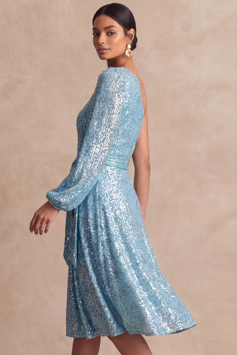 Sparkly Light Blue A Line One Shoulder Midi Wedding Guest Dress
