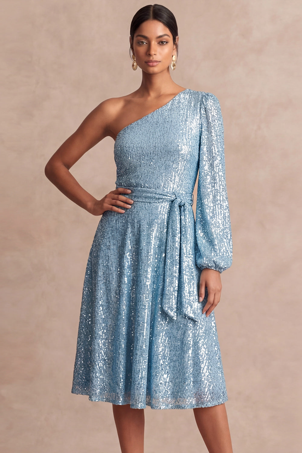 Sparkly Light Blue A Line One Shoulder Midi Wedding Guest Dress