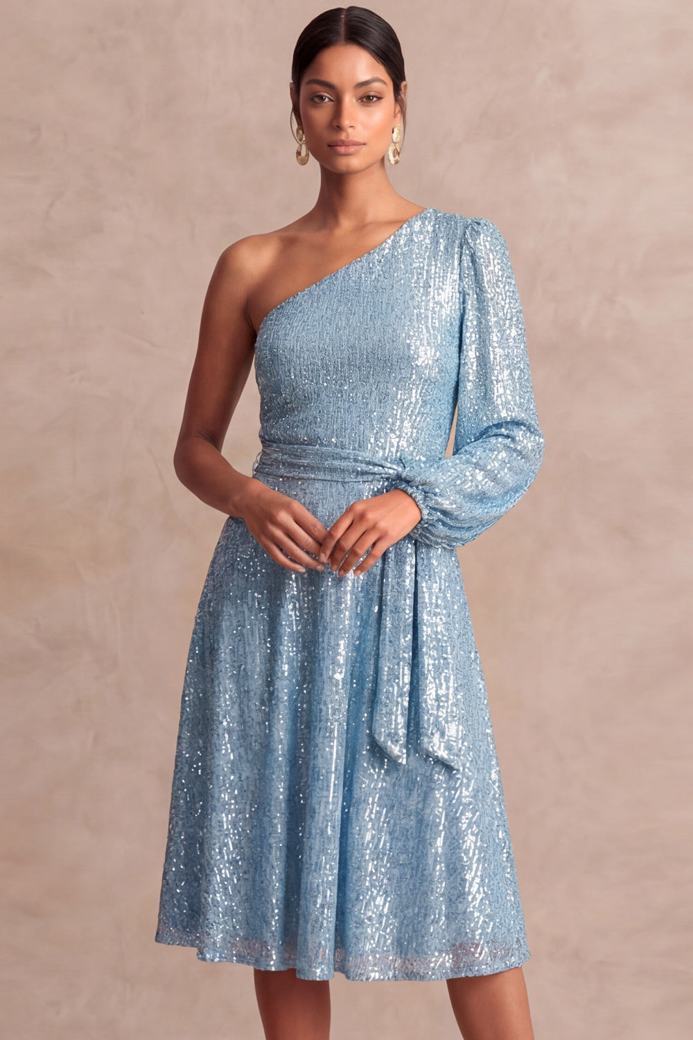 Sparkly Light Blue A Line One Shoulder Midi Wedding Guest Dress