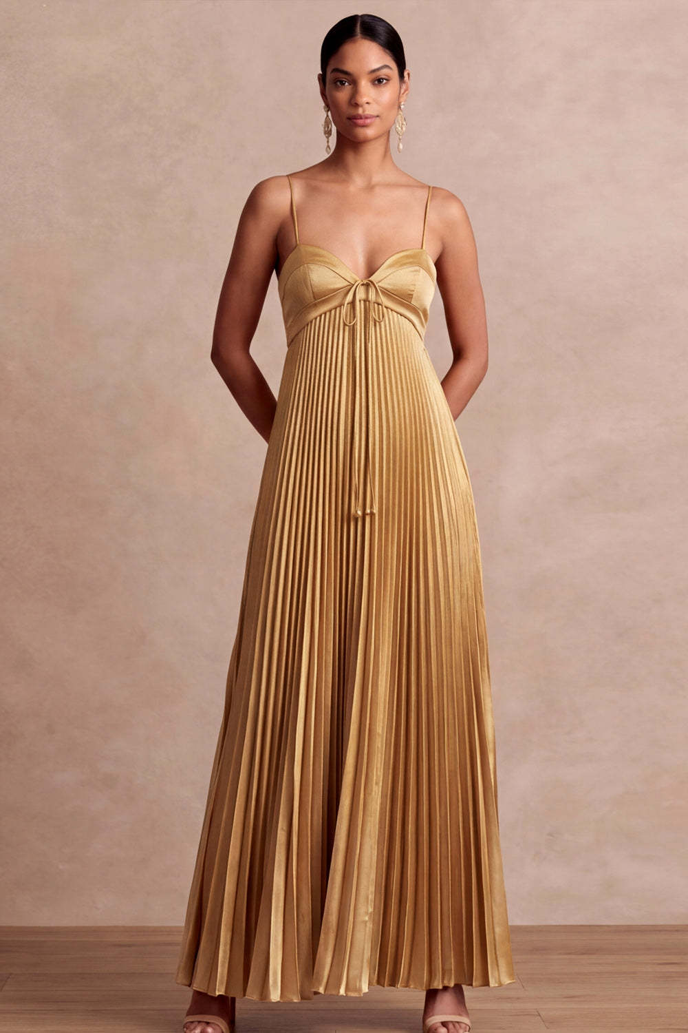 Leely Women A Line Golden Long Formal Dress with Sash Spaghetti Straps Pleated Sleeveless Evening Dress