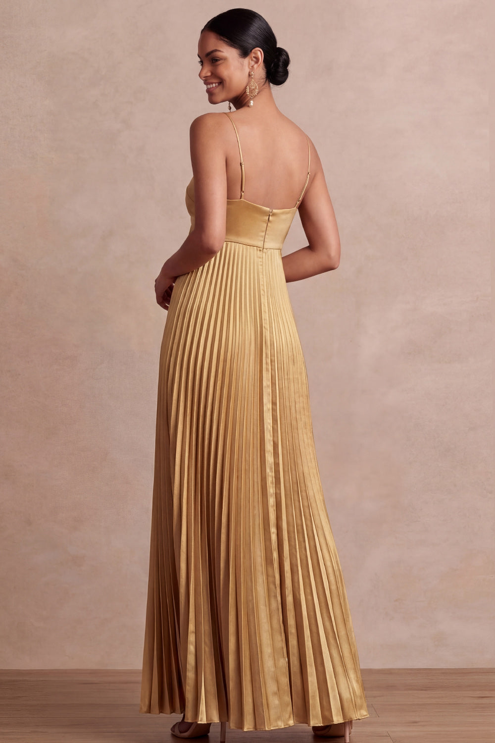 A Line Pleated Golden Spaghetti Straps Long Formal Dress