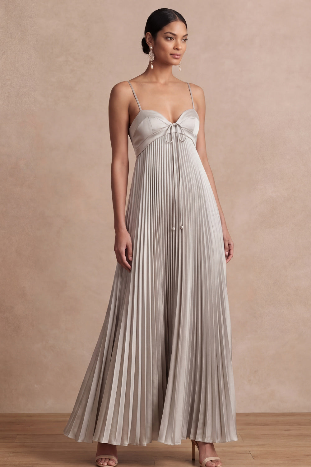 A Line Pleated Golden Spaghetti Straps Long Formal Dress
