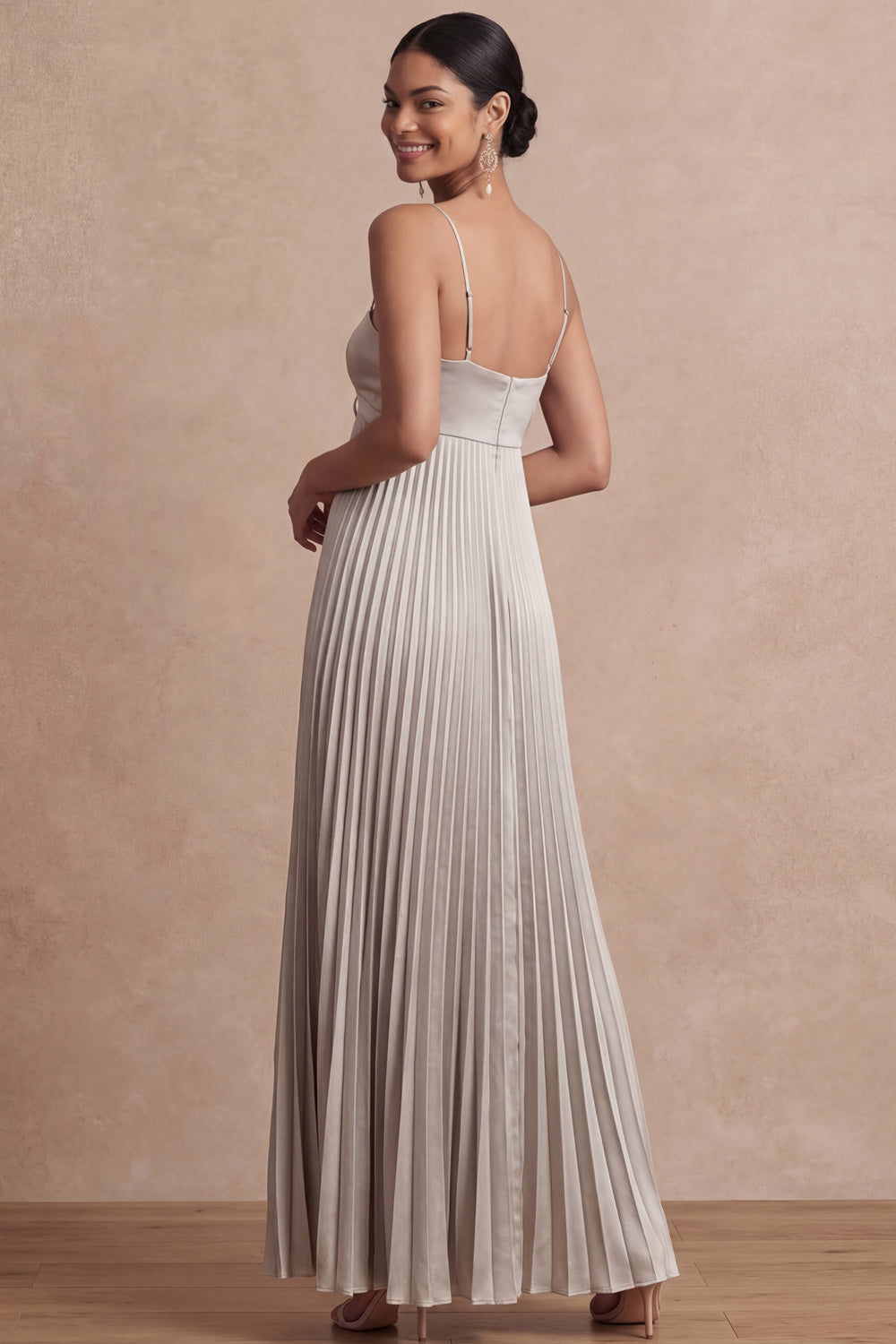 A Line Pleated Golden Spaghetti Straps Long Formal Dress