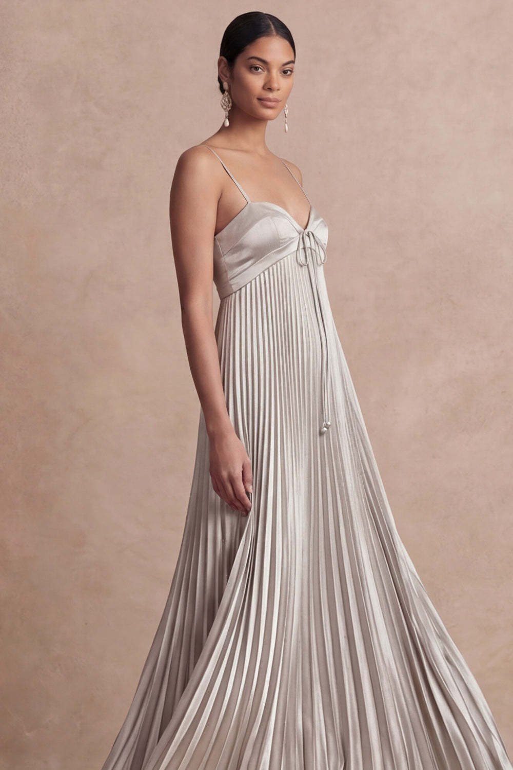 A Line Pleated Golden Spaghetti Straps Long Formal Dress
