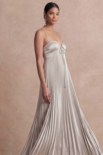 A Line Pleated Golden Spaghetti Straps Long Formal Dress