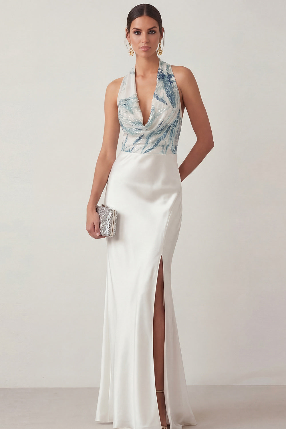 Leely Women Mermaid White Long Formal Dress with Sequins Cowl Neck Backless Sleeveless Evening Dress with Slit