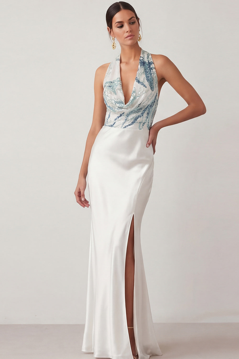 Mermaid White Cowl Neck Long Formal Dress with Sequins