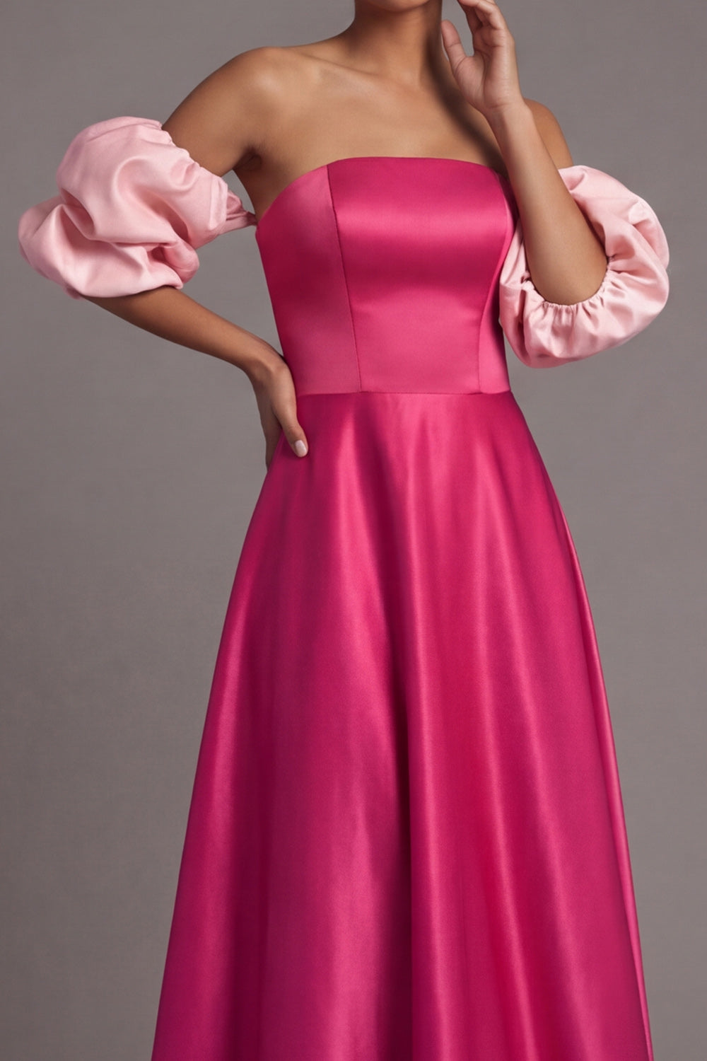 Fuchsia A Line Puff Sleeves Strapless Empire Waist Long Formal Dress