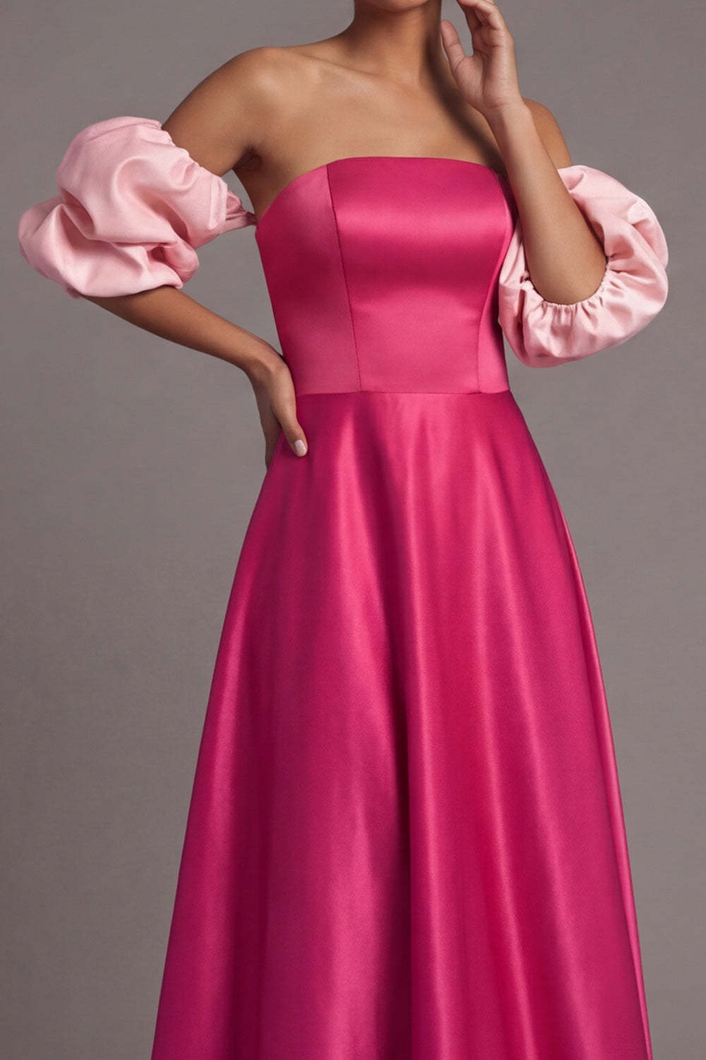 Fuchsia A Line Puff Sleeves Strapless Empire Waist Long Formal Dress
