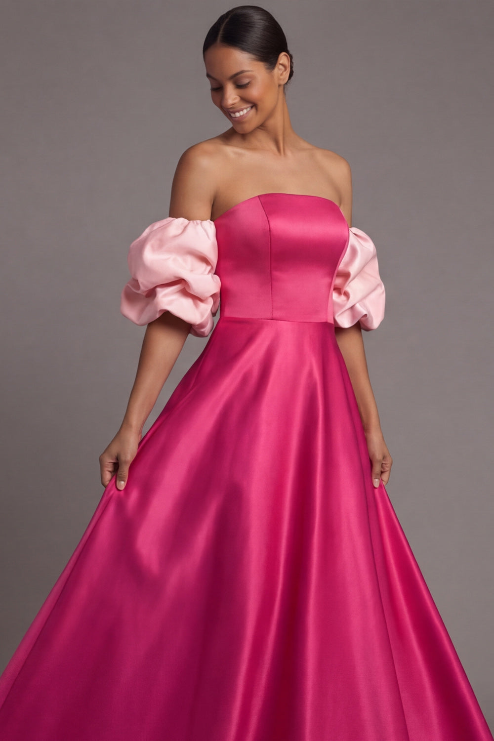 Fuchsia A Line Puff Sleeves Strapless Empire Waist Long Formal Dress