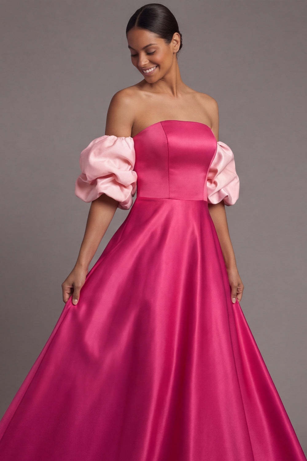 Fuchsia A Line Puff Sleeves Strapless Empire Waist Long Formal Dress