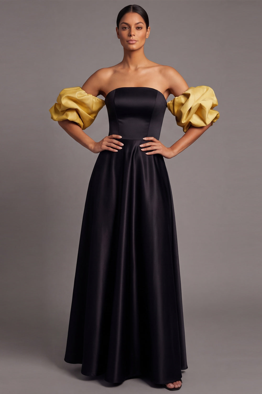 Fuchsia A Line Puff Sleeves Strapless Empire Waist Long Formal Dress