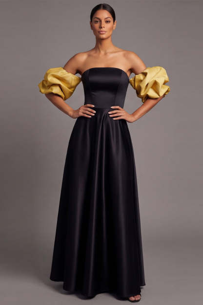 Fuchsia A Line Puff Sleeves Strapless Empire Waist Long Formal Dress