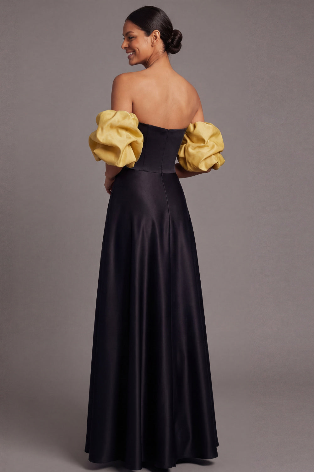 Fuchsia A Line Puff Sleeves Strapless Empire Waist Long Formal Dress