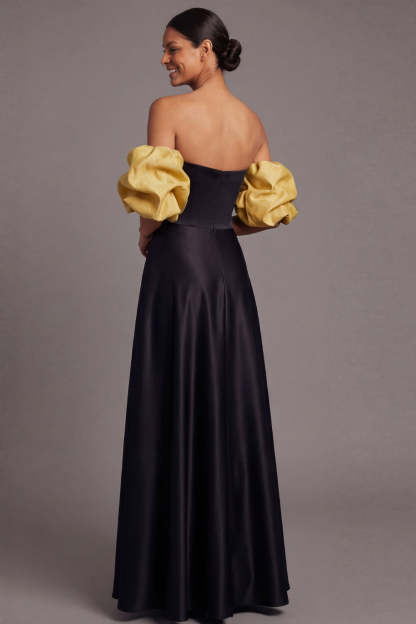 Fuchsia A Line Puff Sleeves Strapless Empire Waist Long Formal Dress