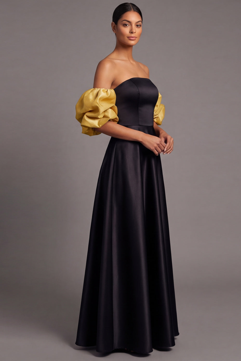 Fuchsia A Line Puff Sleeves Strapless Empire Waist Long Formal Dress