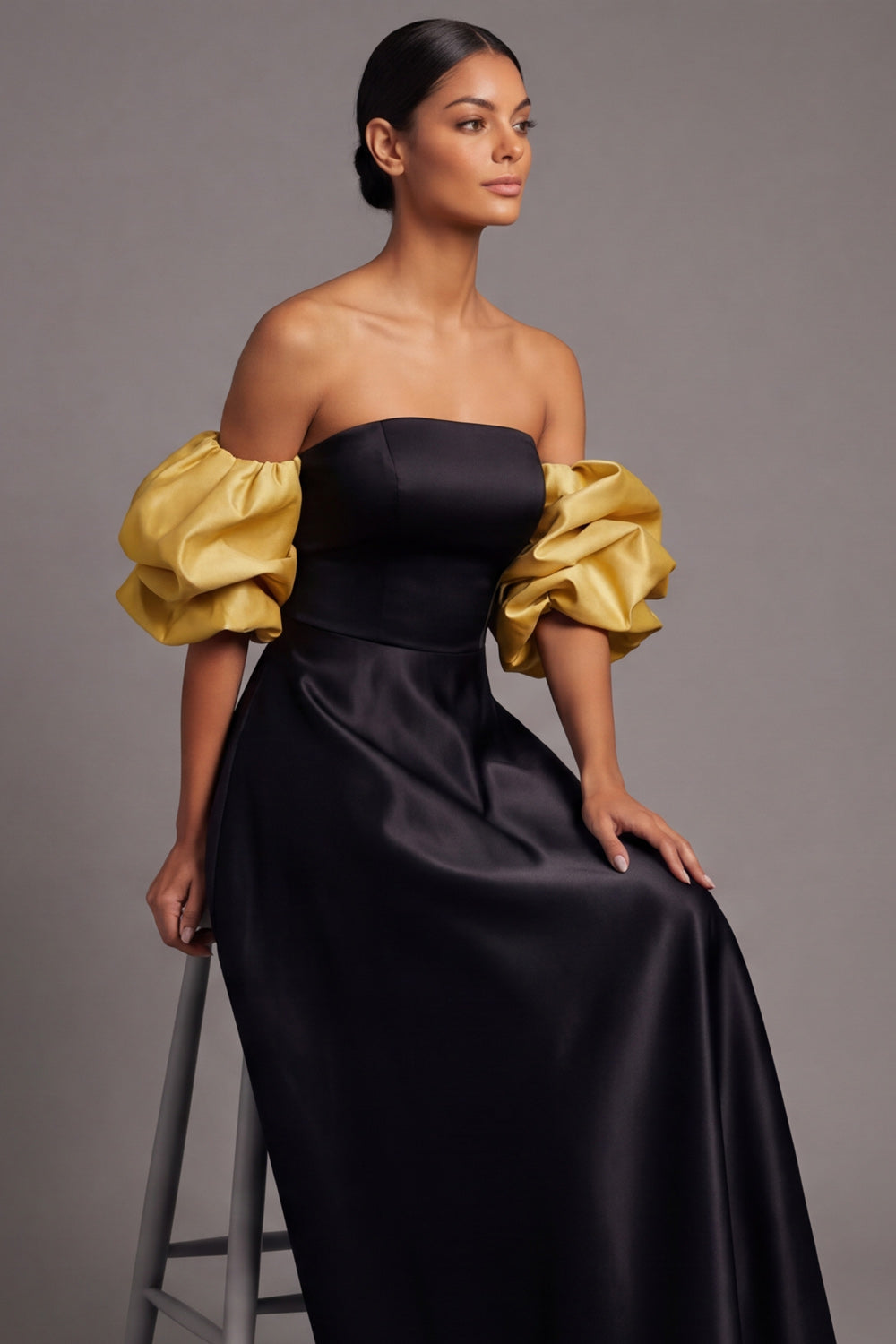 Fuchsia A Line Puff Sleeves Strapless Empire Waist Long Formal Dress