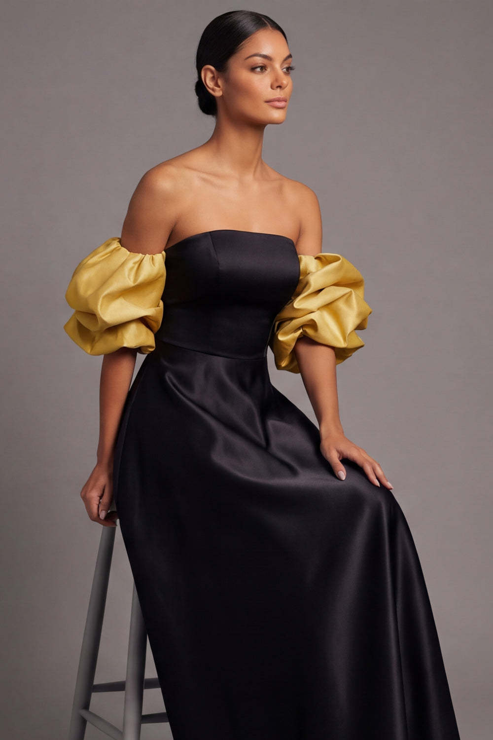 Fuchsia A Line Puff Sleeves Strapless Empire Waist Long Formal Dress