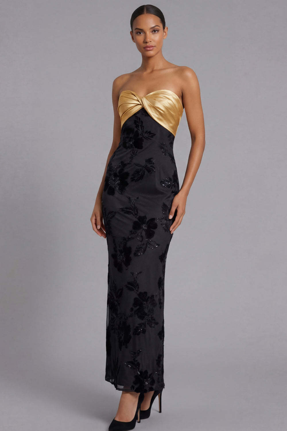 Leely Women Black and Golden Long Formal Dress with Sequins Sweetheart Sheath Wedding Guest Dress