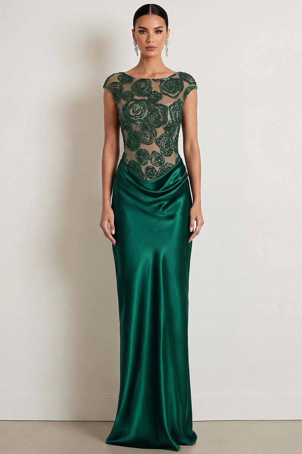 Leely Women Emerald Green Mermaid Basque Waist Long Formal Dress with Sequins Boat Neck Cap Sleeves Evening Dress