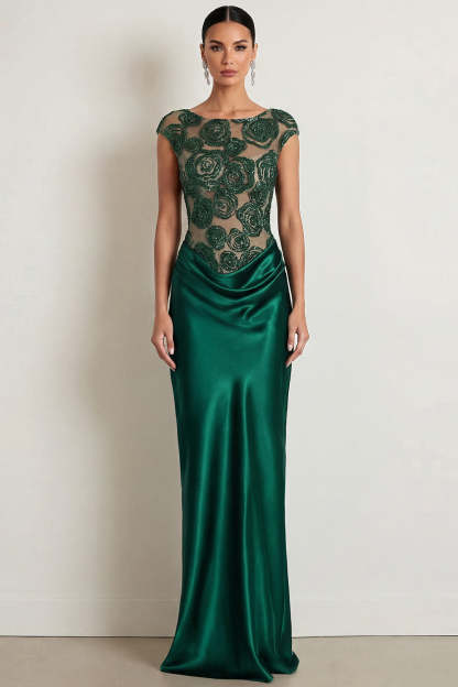 Leely Women Emerald Green Mermaid Basque Waist Long Formal Dress with Sequins Boat Neck Cap Sleeves Evening Dress